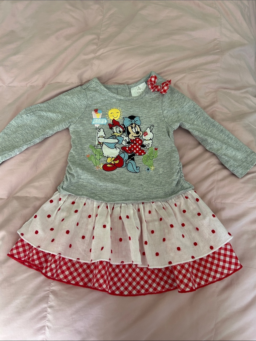 Disney Girls' Grey Top with Red Polka-Dot & Gingham Skirt
